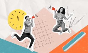 Collage banner photo of youngster two friends colleagues jumping scream loudspeakers deadline isolated on painting sketch background.